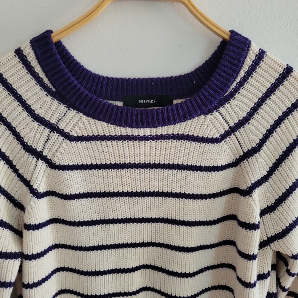 Forever 21 Pullover Side Tie Sweater Navy Blue Stripe Round Neck Nautical Preppy - Picture 3 of 11